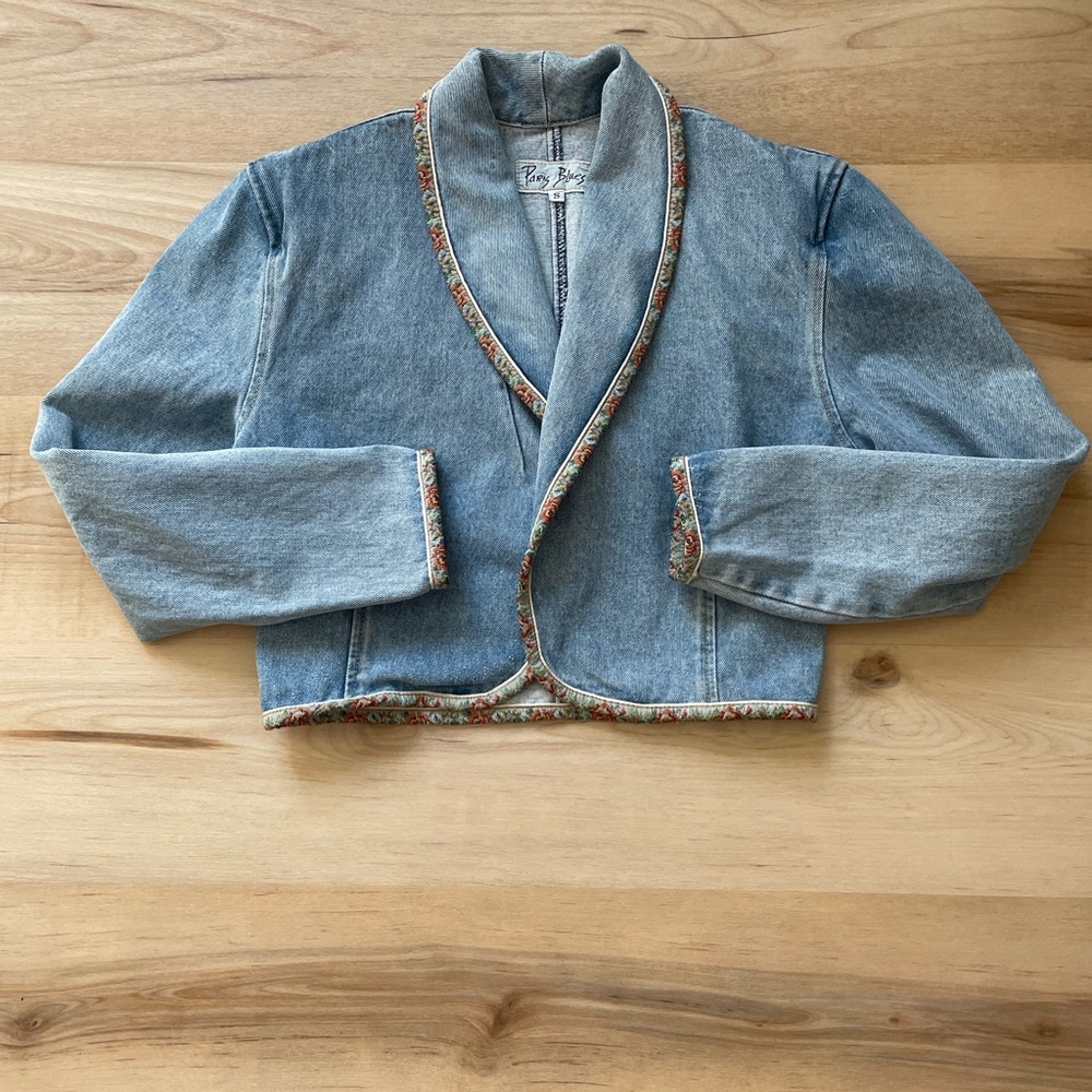 Vintage‎ Paris Blues Denim Jacket Floral Trim Western Boho